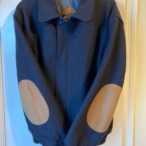 Eddie Bauer Navy Blue Wool Bomber Jacket with Suede Leather Elbow Patches